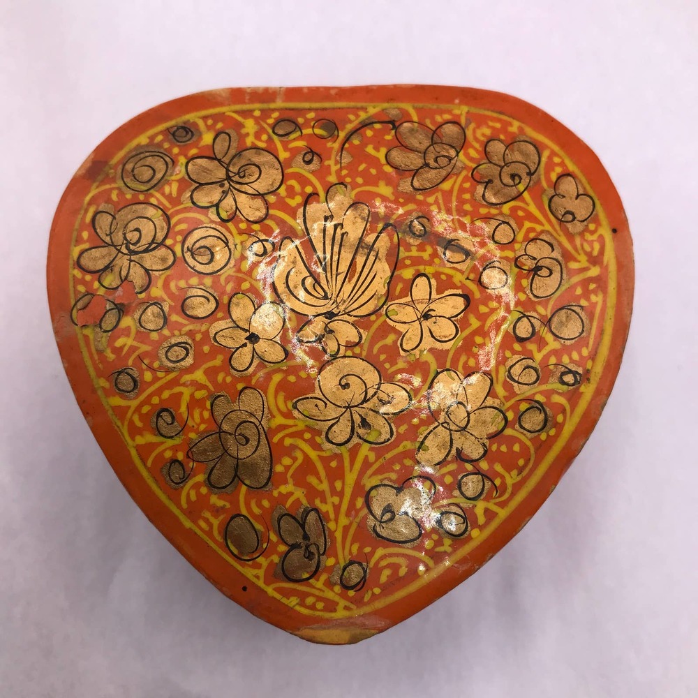 Heart Trinket Box Floral Print Pressed Paper Gold and Black 3” x 3”